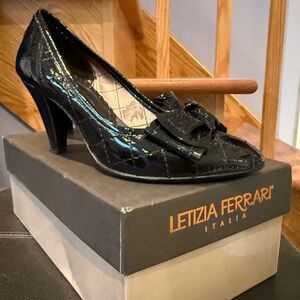 Black Patent Leather Heels with Bow Detail